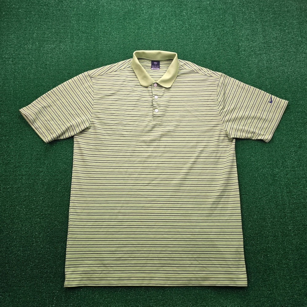 Nike Golf Polo Shirt‎ Mens XL Green Striped Y2K Short Sleeve Dri Fit UV